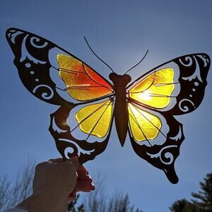 Butterfly Stained Glass Garden Decor Glass Wings Held by Copper Tone Metal 16in